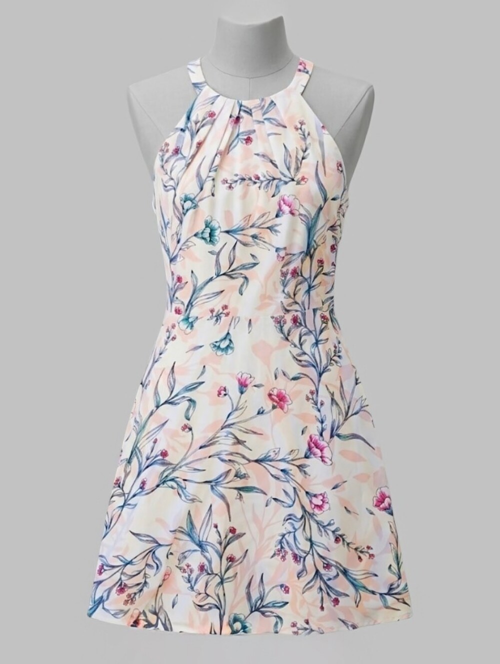 Express Floral Halter Midi Dress with Pleated Keyhole Neckline